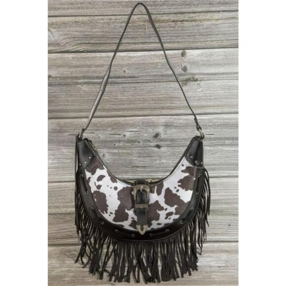 Fame Cow Print Faux Leather Fringe Hobo Bag - Picture 3 of 3